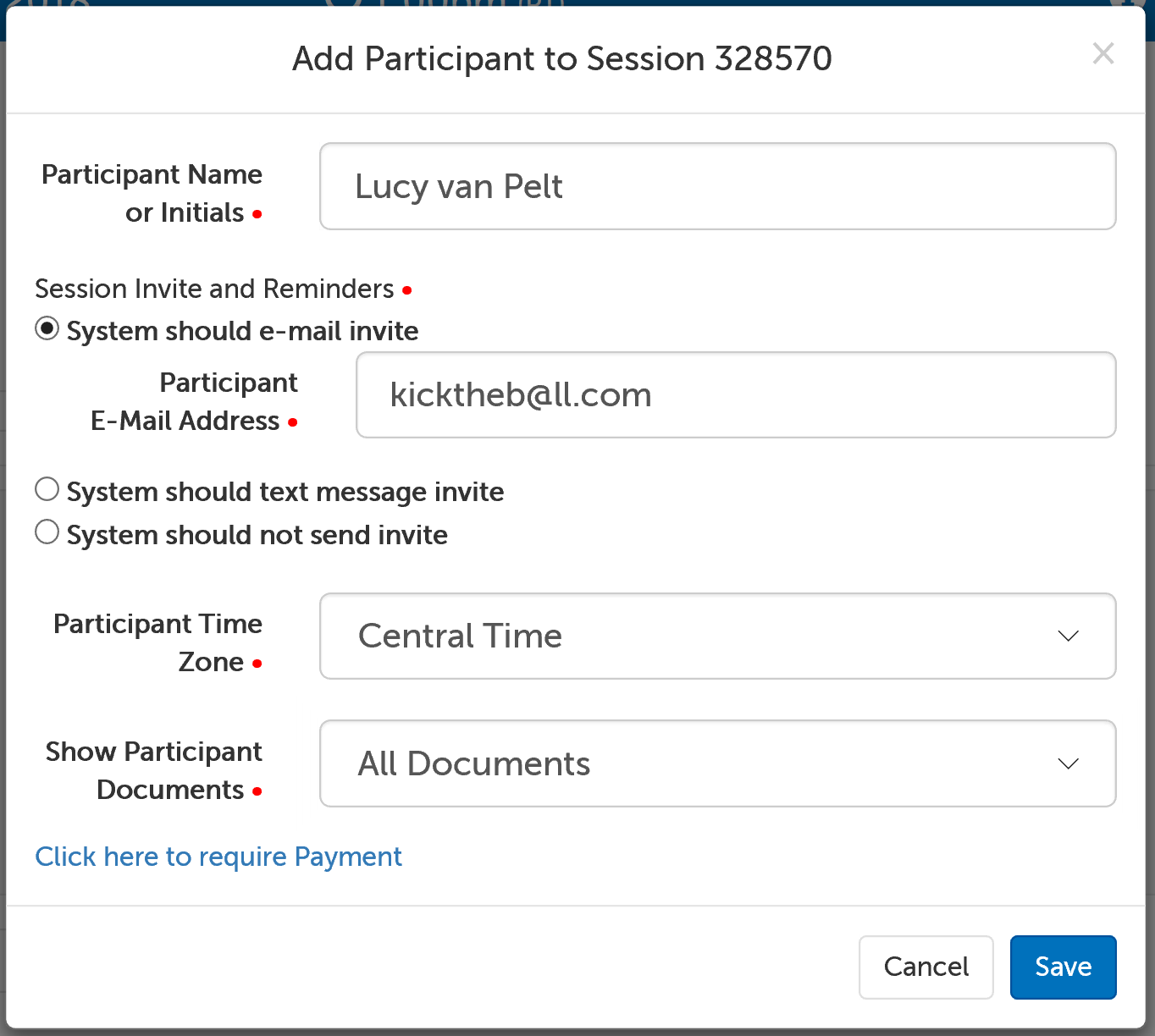 Screencap showing the Add Session Participant form