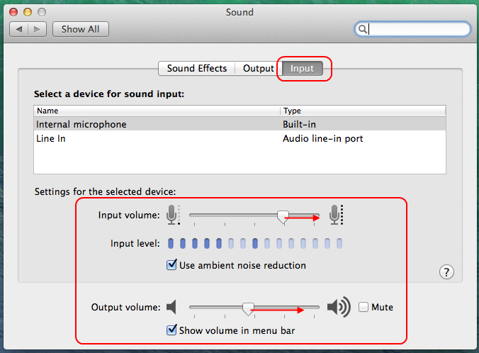 Screencap showing input and output levels for microphones on Macs