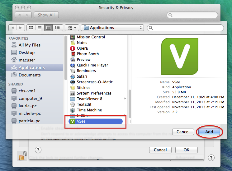 Screencap showing how to select VSee from the list of applications