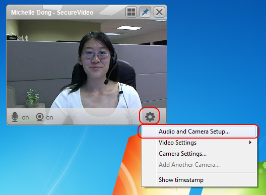 Screencap showing where to find the Audio and Camera Setup on a Windows computer