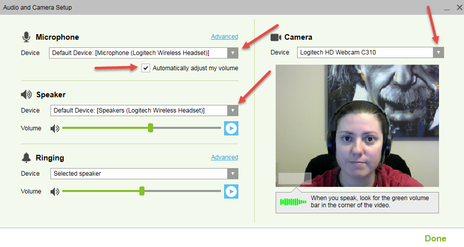 Screencap showing the Audio and Camera Setup menu