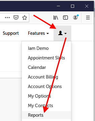 Arrow pointing to profile icon and "Reports" item
