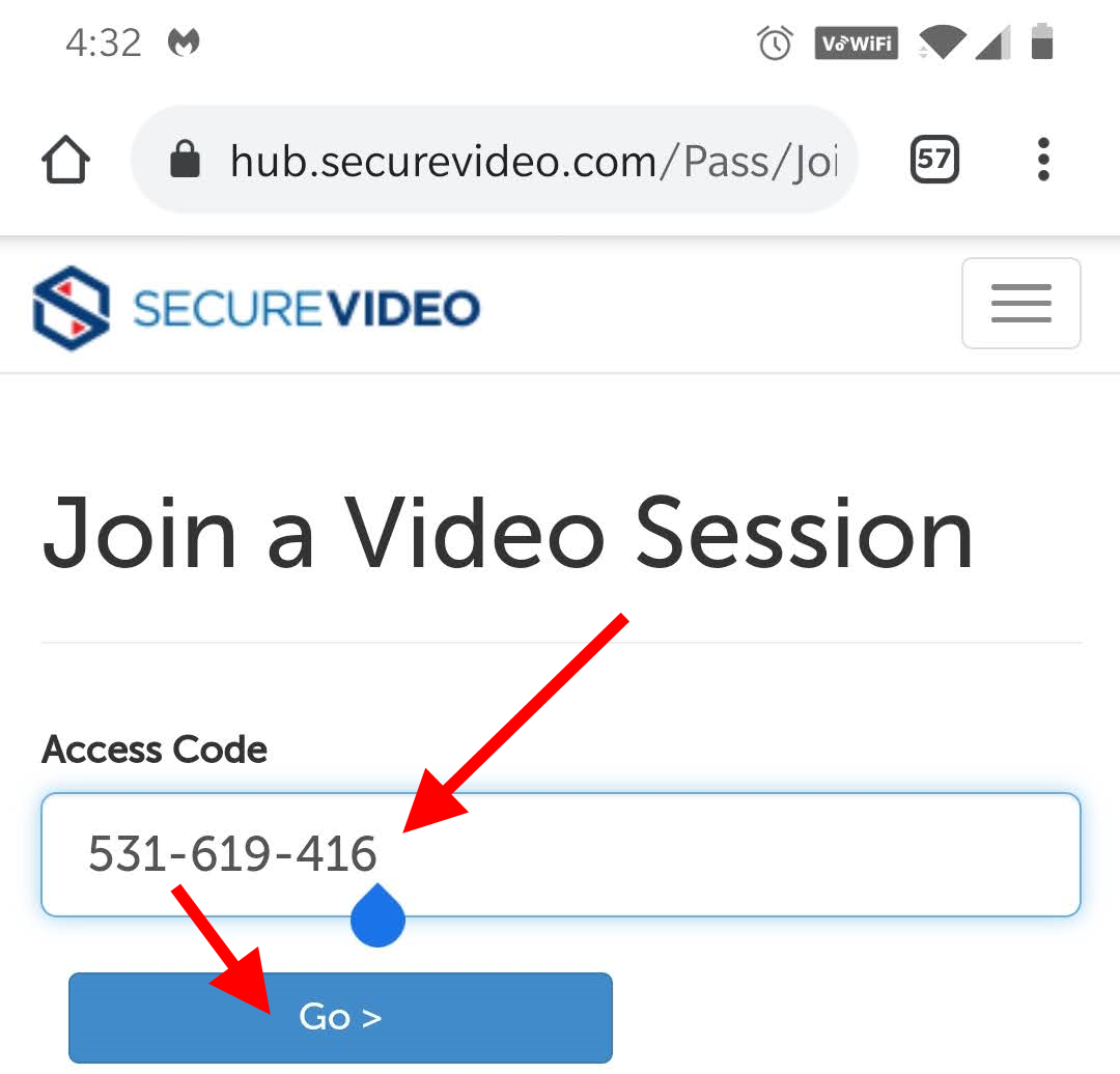 Arrow pointing at access code and then the Go button