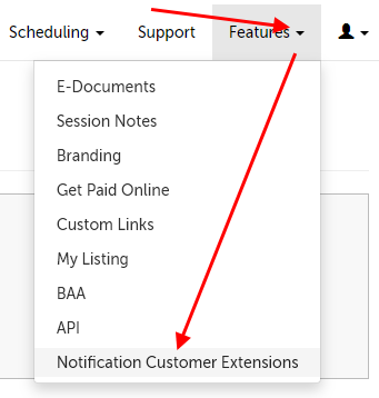 Arrow pointing at Features tab and then Notification Customer Extensions