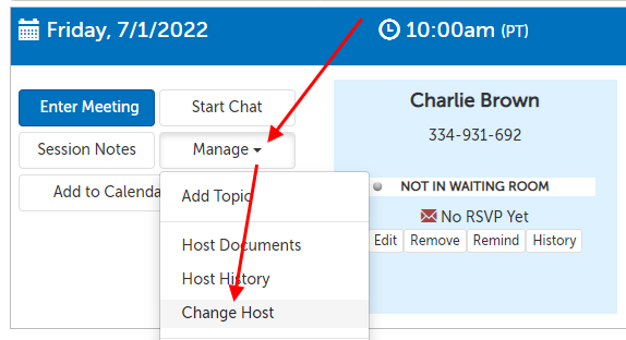 Arrow pointing at Manage and then Change Host